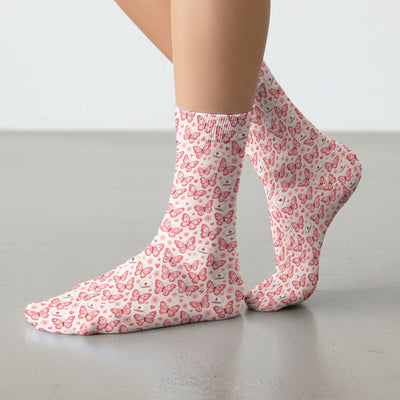 Valentine Butterfly Pattern Nurse Scrub Socks, Pink Heart Medical Sock For Women, Breathable Fabrics Nursing Uniform