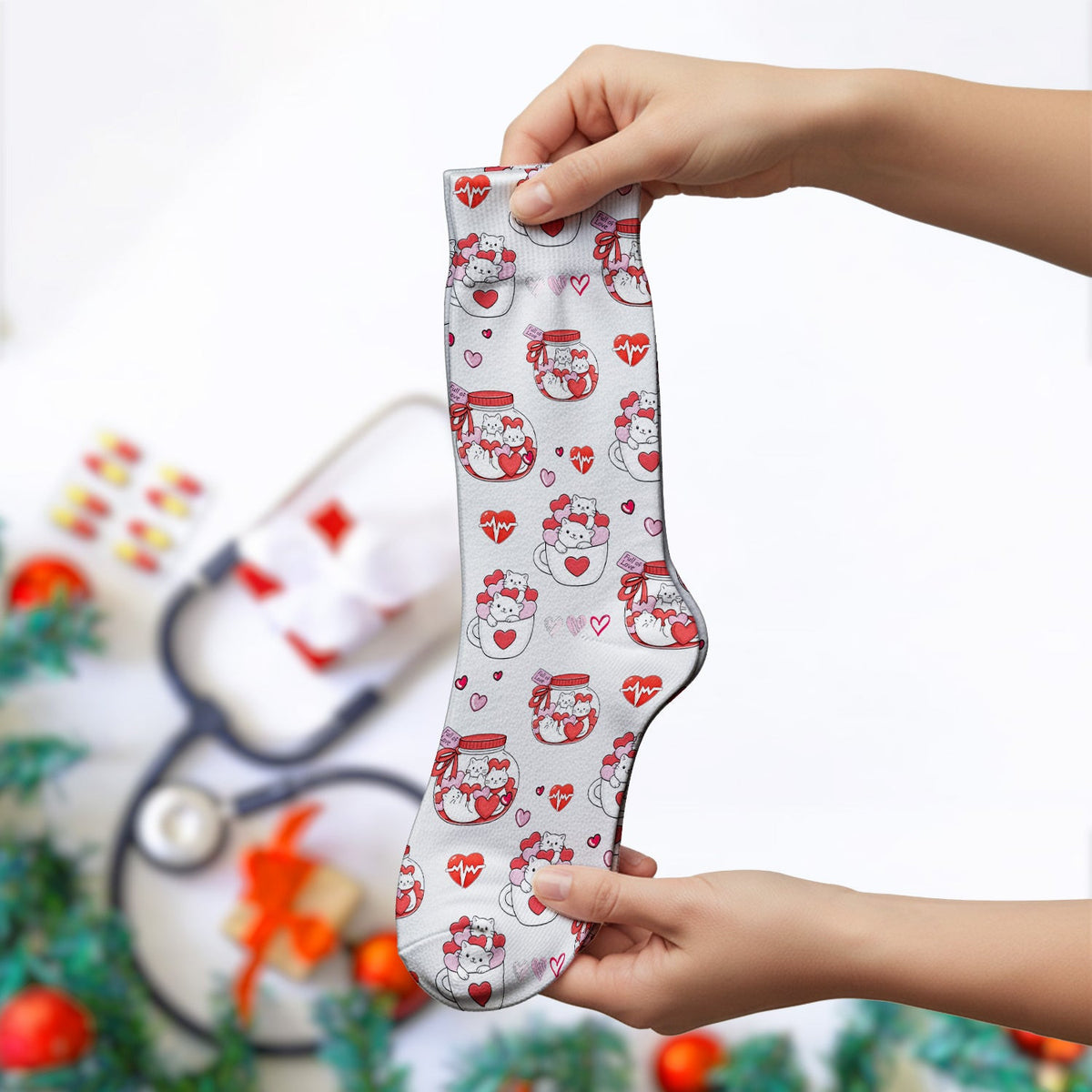 Cute Cat Valentine Nurse Socks, Socks for Nurse Doctor Breathable Fabric