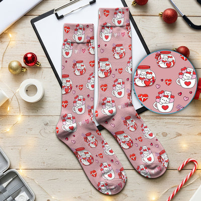 Cute Cat Valentine Nurse Socks, Socks for Nurse Doctor Breathable Fabric