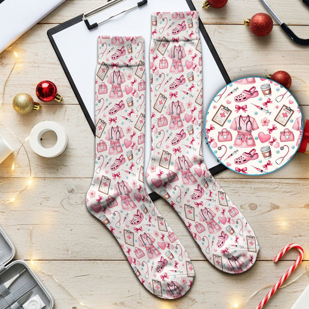 Valentine Pink Nurse Icons Print Medical Socks, Socks for Nurse Doctor