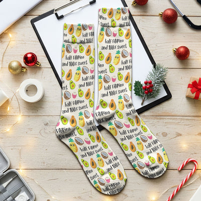 Playful Avocado Fruit Print Filipino Quote Socks, Adult Socks for Men and Women