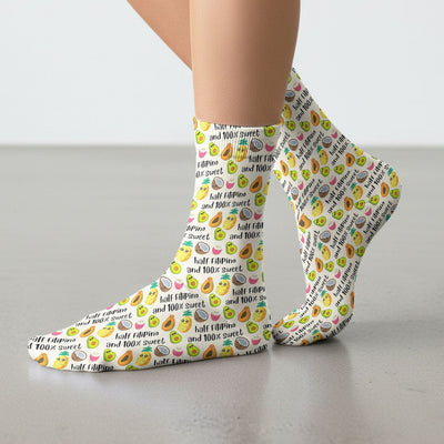 Playful Avocado Fruit Print Filipino Quote Socks, Adult Socks for Men and Women