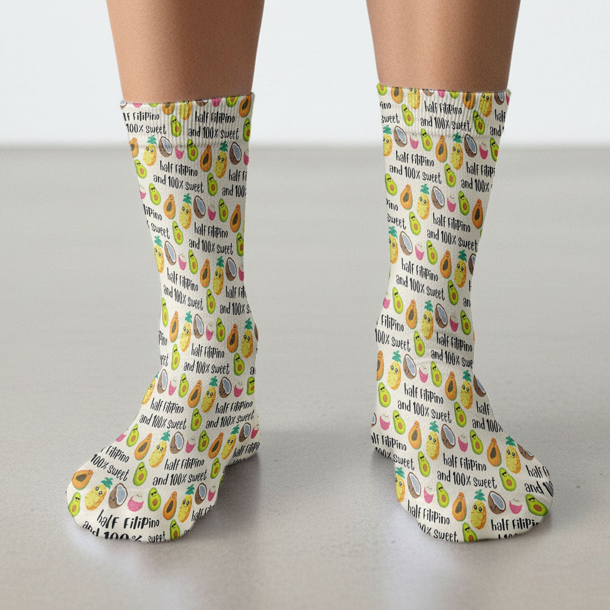Playful Avocado Fruit Print Filipino Quote Socks, Adult Socks for Men and Women