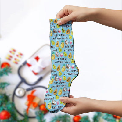 Playful Avocado Fruit Print Filipino Quote Socks, Adult Socks for Men and Women