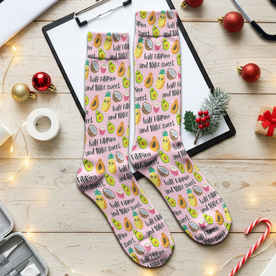 Playful Avocado Fruit Print Filipino Quote Socks, Adult Socks for Men and Women