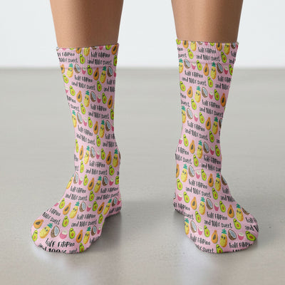 Playful Avocado Fruit Print Filipino Quote Socks, Adult Socks for Men and Women