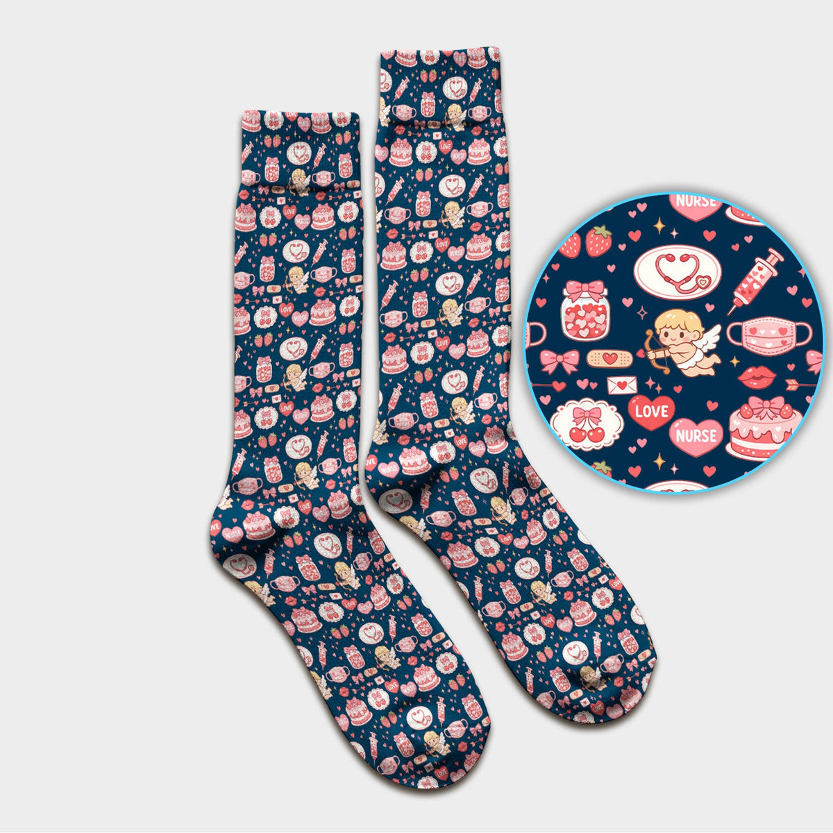 Cupid Nurse Scrub Socks, Cute Love Medical Pattern Sock For Valentine, Breathable Fabrics Nursing Uniform