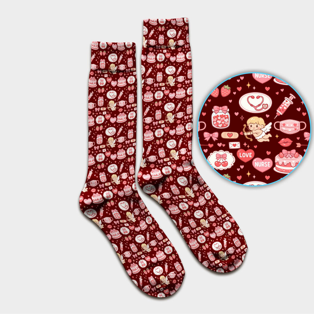 Cupid Nurse Scrub Socks, Cute Love Medical Pattern Sock For Valentine, Breathable Fabrics Nursing Uniform