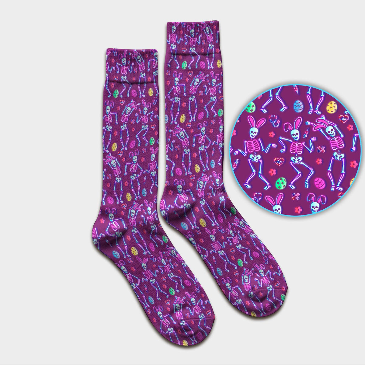 Neon Easter Skeleton Pattern Socks, Adult Socks for Men and Women