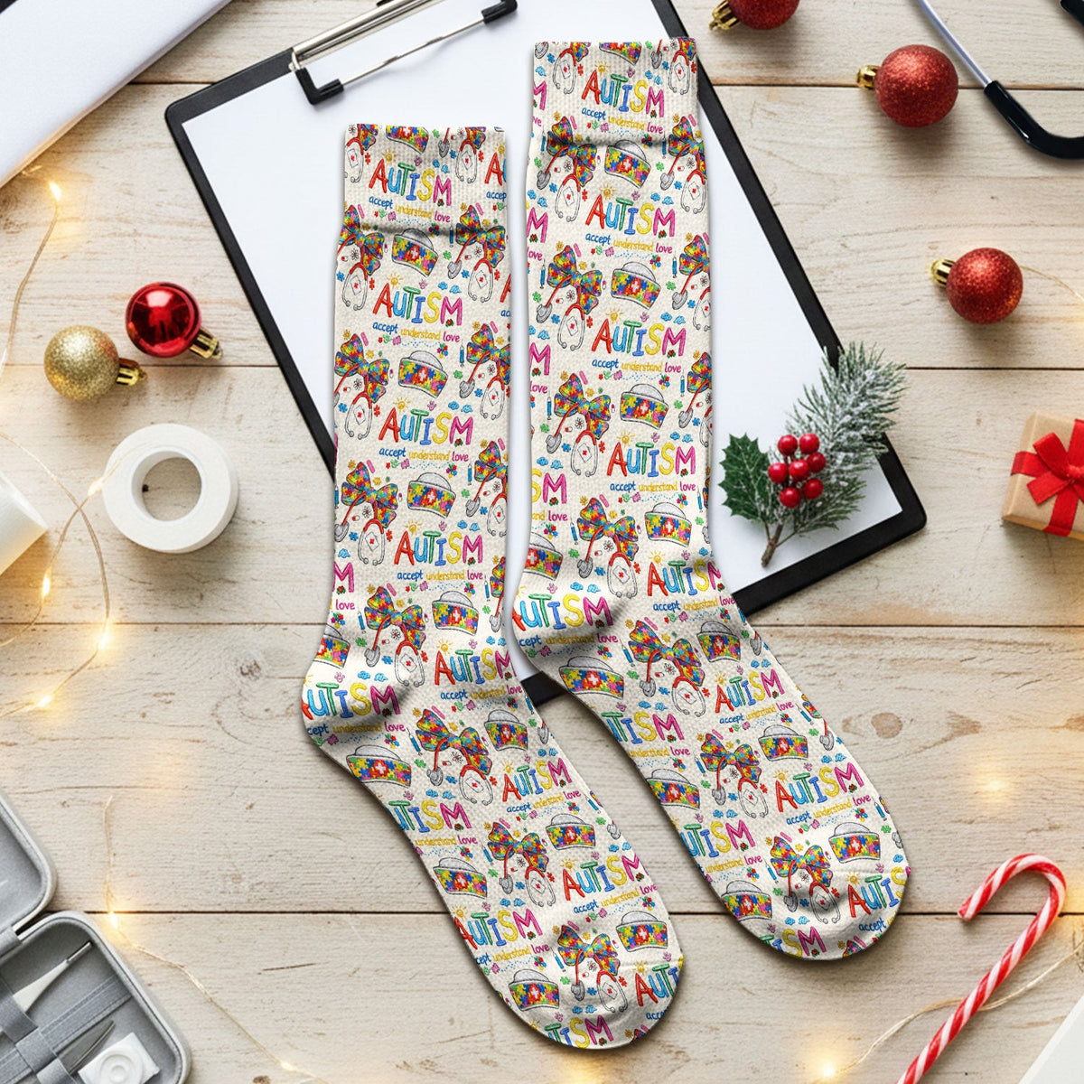 Autism Awareness Pattern Nurse Scrub Socks, Accept Understand Love Puzzle Nurses Sock, Breathable Fabrics Nursing Uniform