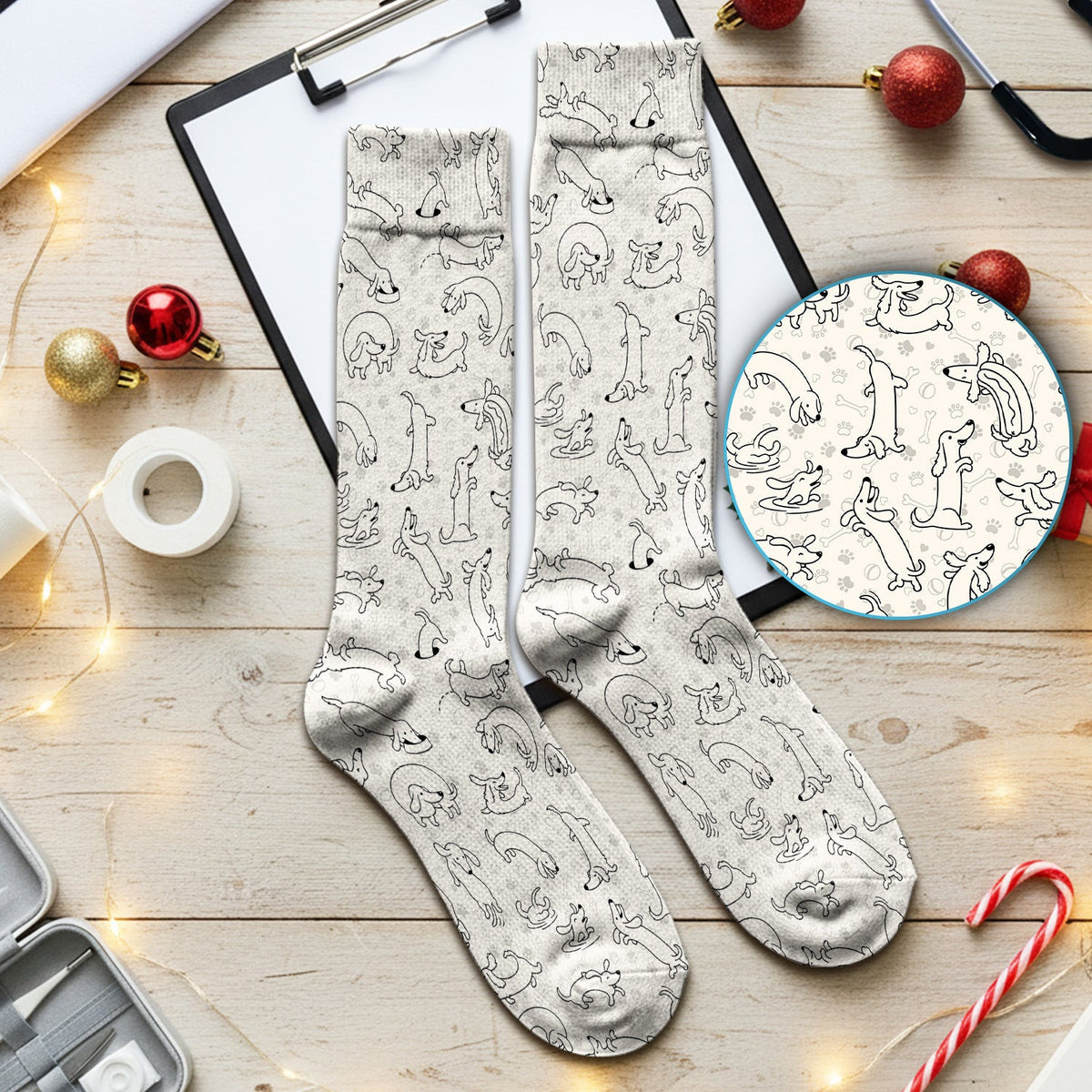 Playful Dachshund Dog Line Art Print Medical Socks, Socks for Nurse Doctor