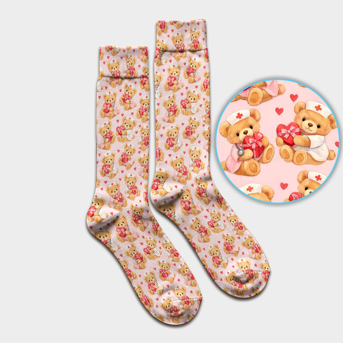 Valentine Teddy Pattern Scrub Socks, Bear And Heart Medical Nurse Scrub Sock, Breathable Fabrics Nursing Uniform