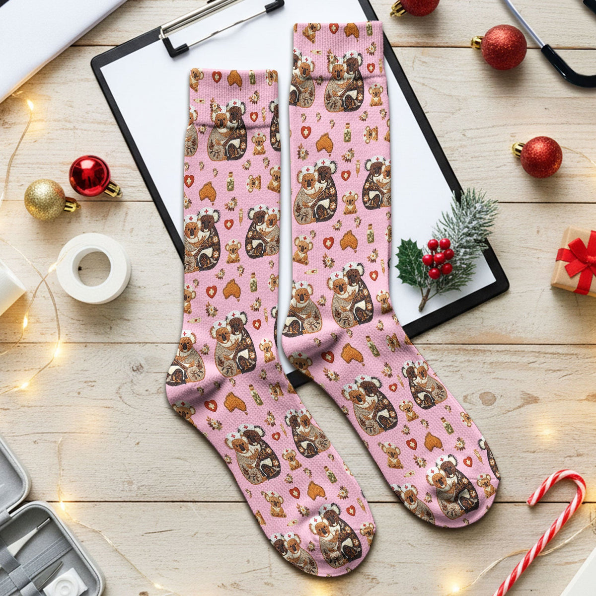 Cute Cartoon Koala Valentine Nurse Design Sock, Breathable Fabrics Medical Uniform