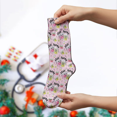 Stay Sharp Nurse Scrub Socks, Cute Medical Pattern Scrubs, Breathable Fabrics Nursing Uniform