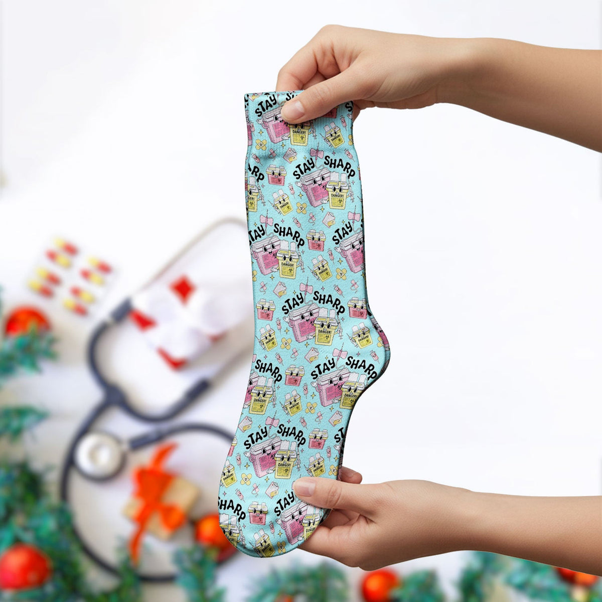 Stay Sharp Nurse Scrub Socks, Cute Medical Pattern Scrubs, Breathable Fabrics Nursing Uniform
