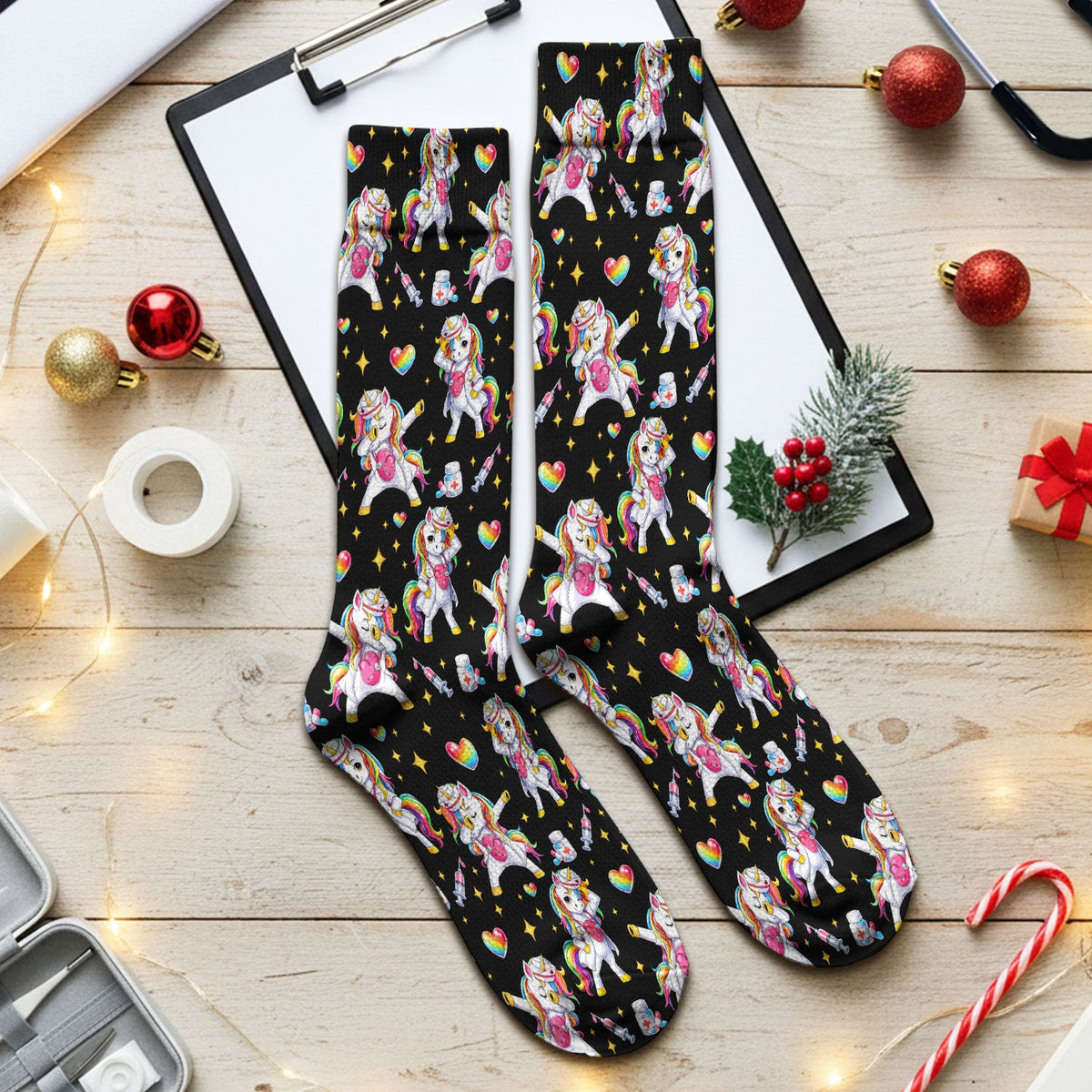 Playful Nurse Unicorn Rainbow Pattern Medical Socks, Socks for Nurse Doctor