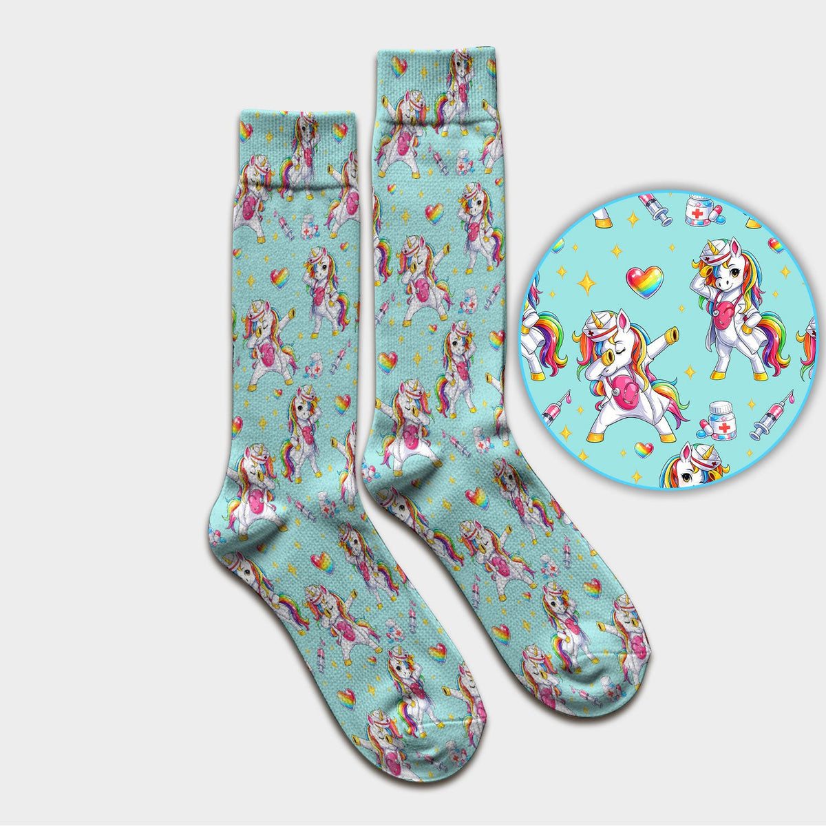 Playful Nurse Unicorn Rainbow Pattern Medical Socks, Socks for Nurse Doctor