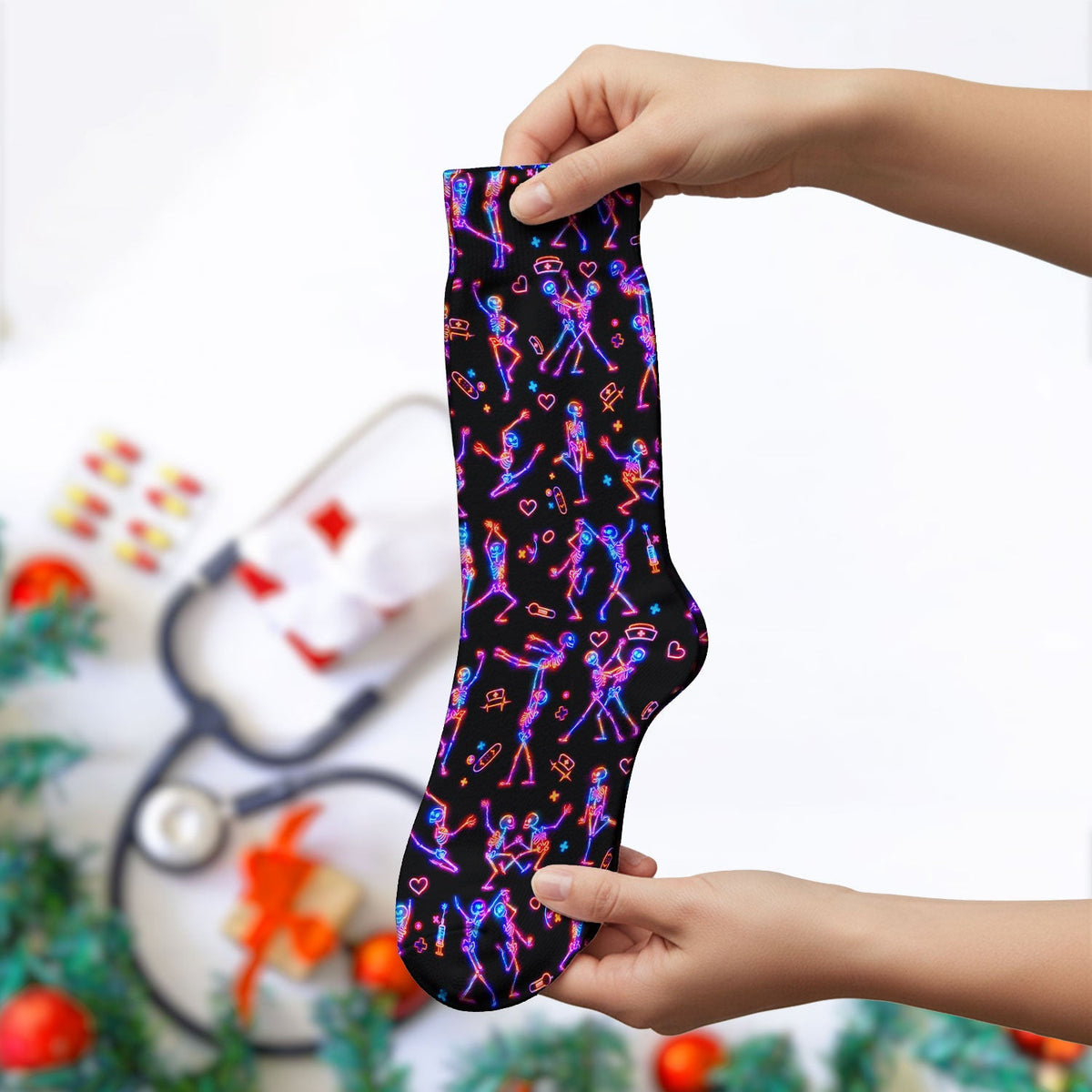Neon Dancing Skeleton Medical Pattern Socks, Adult Socks for Men and Women