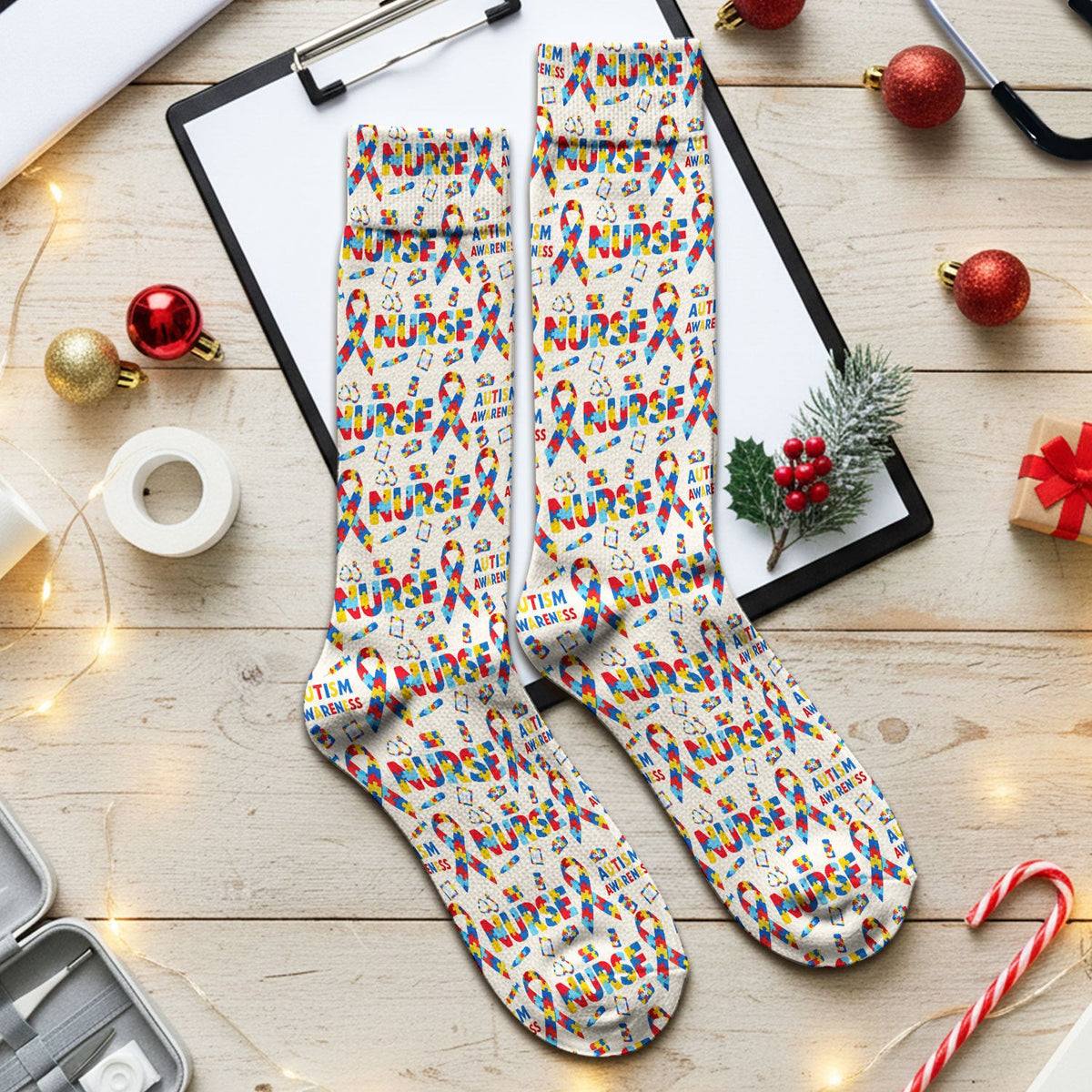Autism Awareness Nurse Puzzle Ribbon Print Socks, Breathable Fabrics Medical Uniform