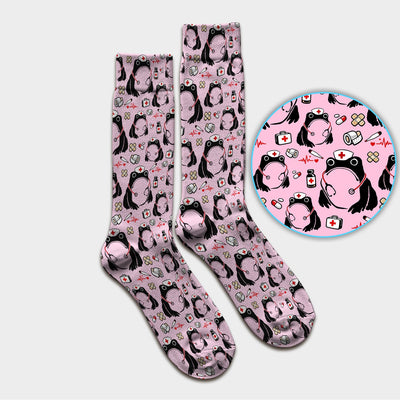 Cute Frog Nurse Medical Pattern Socks, Breathable Fabrics Medical Uniform