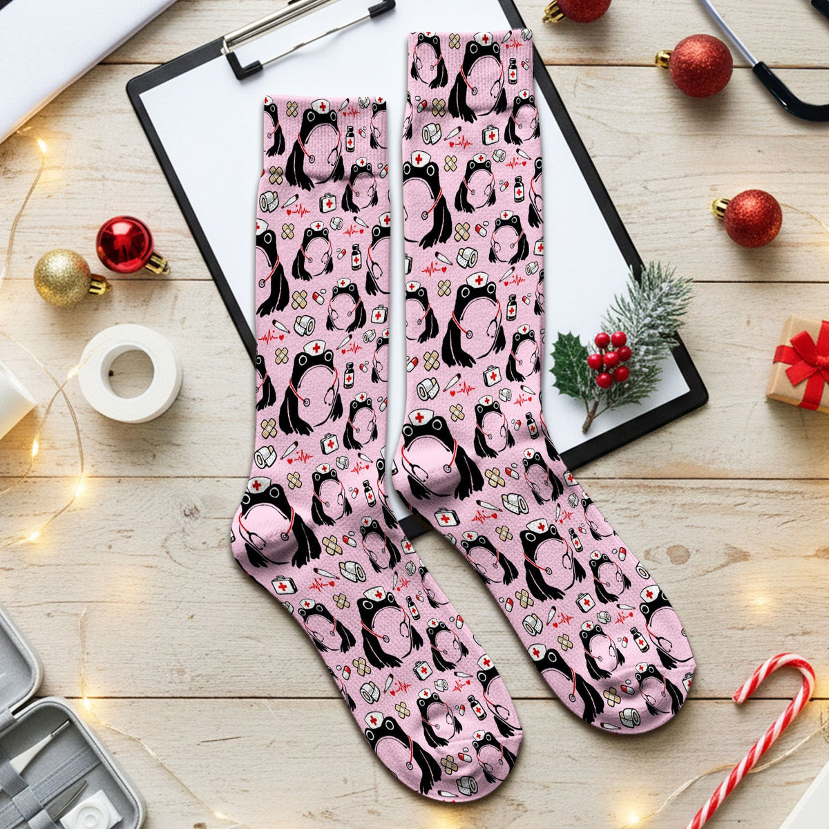 Cute Frog Nurse Medical Pattern Socks, Breathable Fabrics Medical Uniform