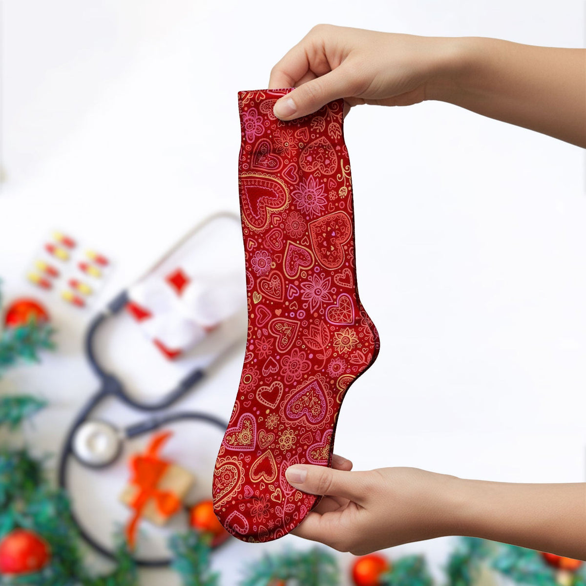 Valentine Heart Nurse Scrub Socks, Cute Nursing Pattern Sock, Breathable Fabrics Nursing Uniform