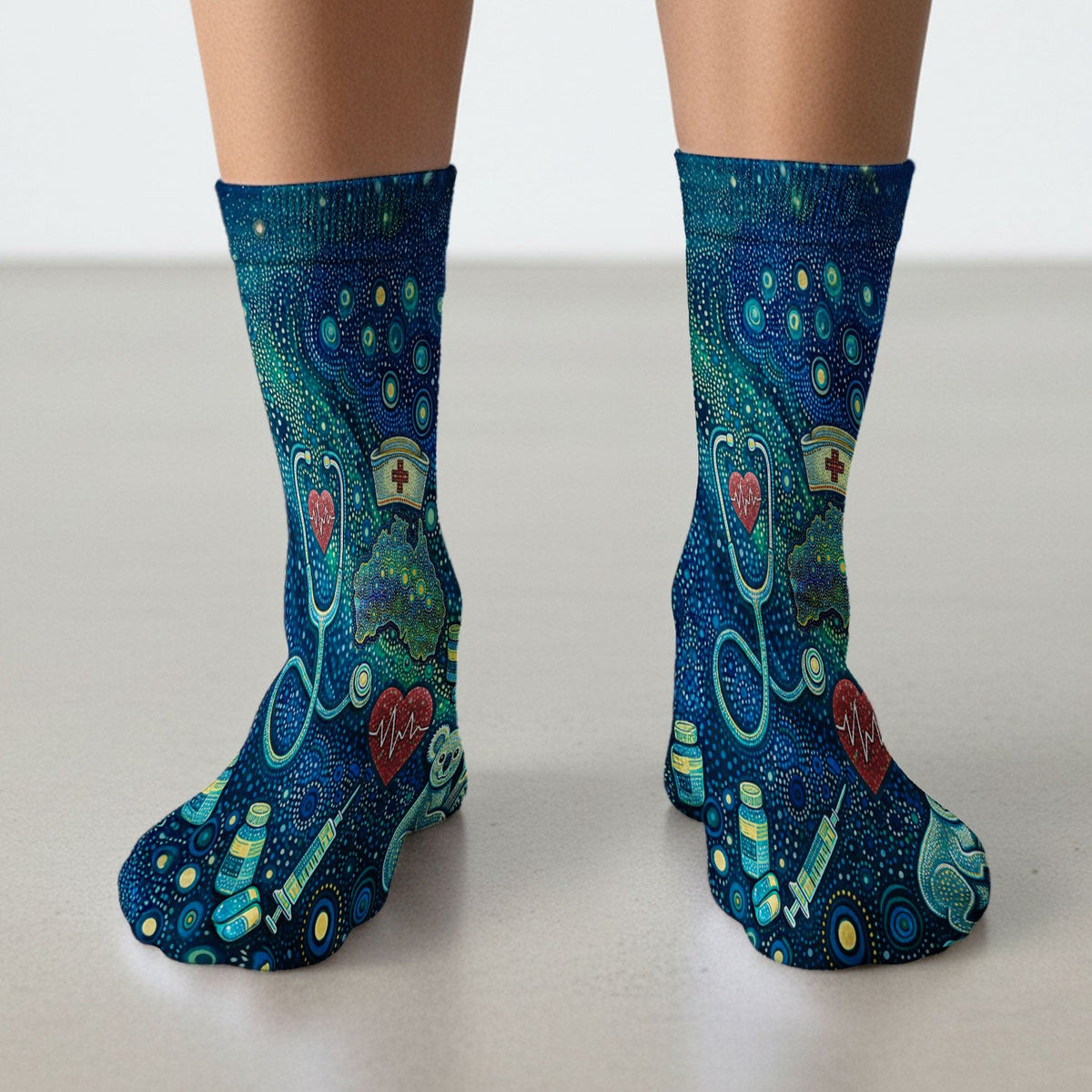 Aboriginal Nurse Australia Scrub Socks, Kangaroo Koala Dot Art Medical Pattern Sock, Breathable Fabrics Nursing Uniform