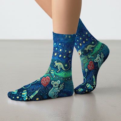 Aboriginal Nurse Australia Scrub Socks, Kangaroo Koala Dot Art Medical Pattern Sock, Breathable Fabrics Nursing Uniform