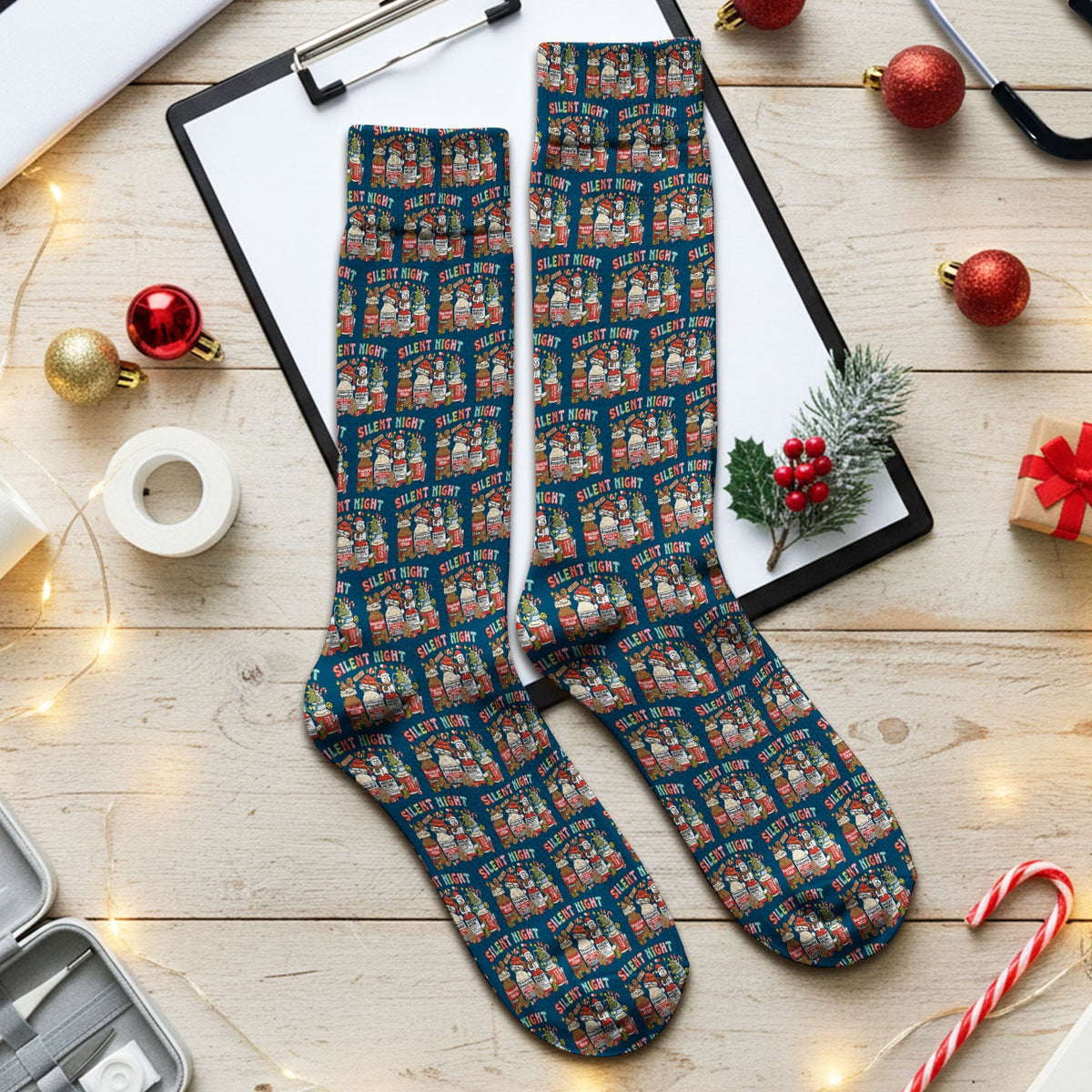 Silent Night Nurse Scrub Socks, Funny Christmas Medical Scrub Sock, Holiday Nursing Uniform