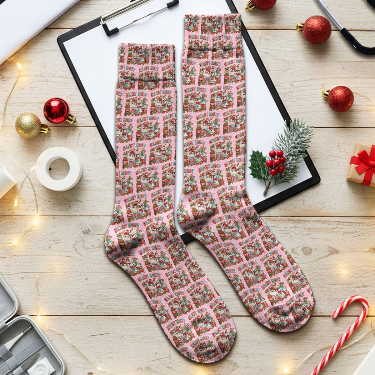Silent Night Nurse Scrub Socks, Funny Christmas Medical Scrub Sock, Holiday Nursing Uniform