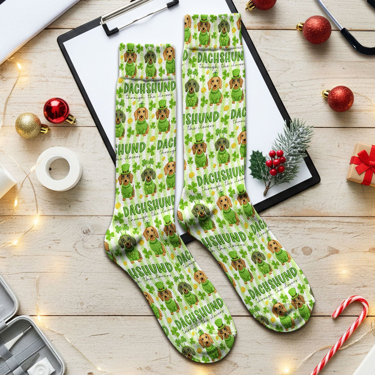 Wiener Dog St. Patrick’s Day Scrub Socks, Shamrock Dachshund Pattern Nurse Sock, Breathable Fabrics Nursing Uniform