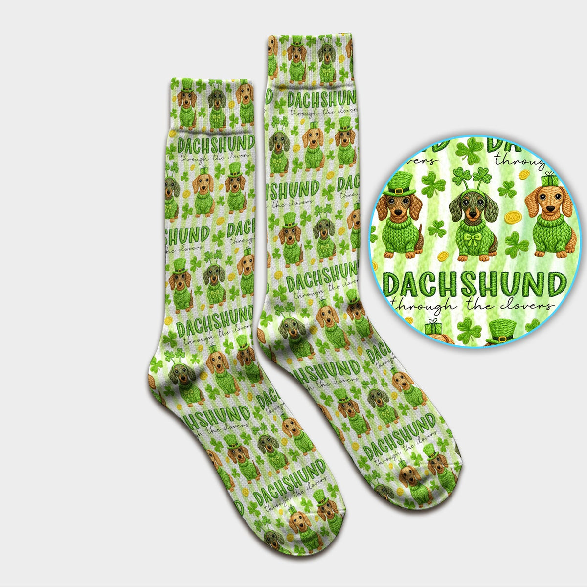 Wiener Dog St. Patrick’s Day Scrub Socks, Shamrock Dachshund Pattern Nurse Sock, Breathable Fabrics Nursing Uniform