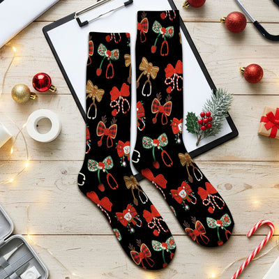 Christmas Stethoscope Bow Nurse Scrub Socks, Xmas Pattern Scrub Sock, Holiday Nursing Uniform