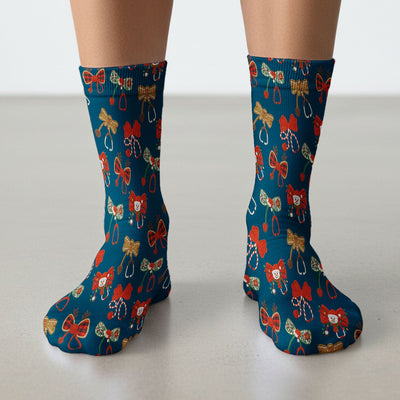 Christmas Stethoscope Bow Nurse Scrub Socks, Xmas Pattern Scrub Sock, Holiday Nursing Uniform