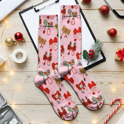 Christmas Stethoscope Bow Nurse Scrub Socks, Xmas Pattern Scrub Sock, Holiday Nursing Uniform