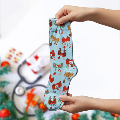 Christmas Stethoscope Bow Nurse Scrub Socks, Xmas Pattern Scrub Sock, Holiday Nursing Uniform