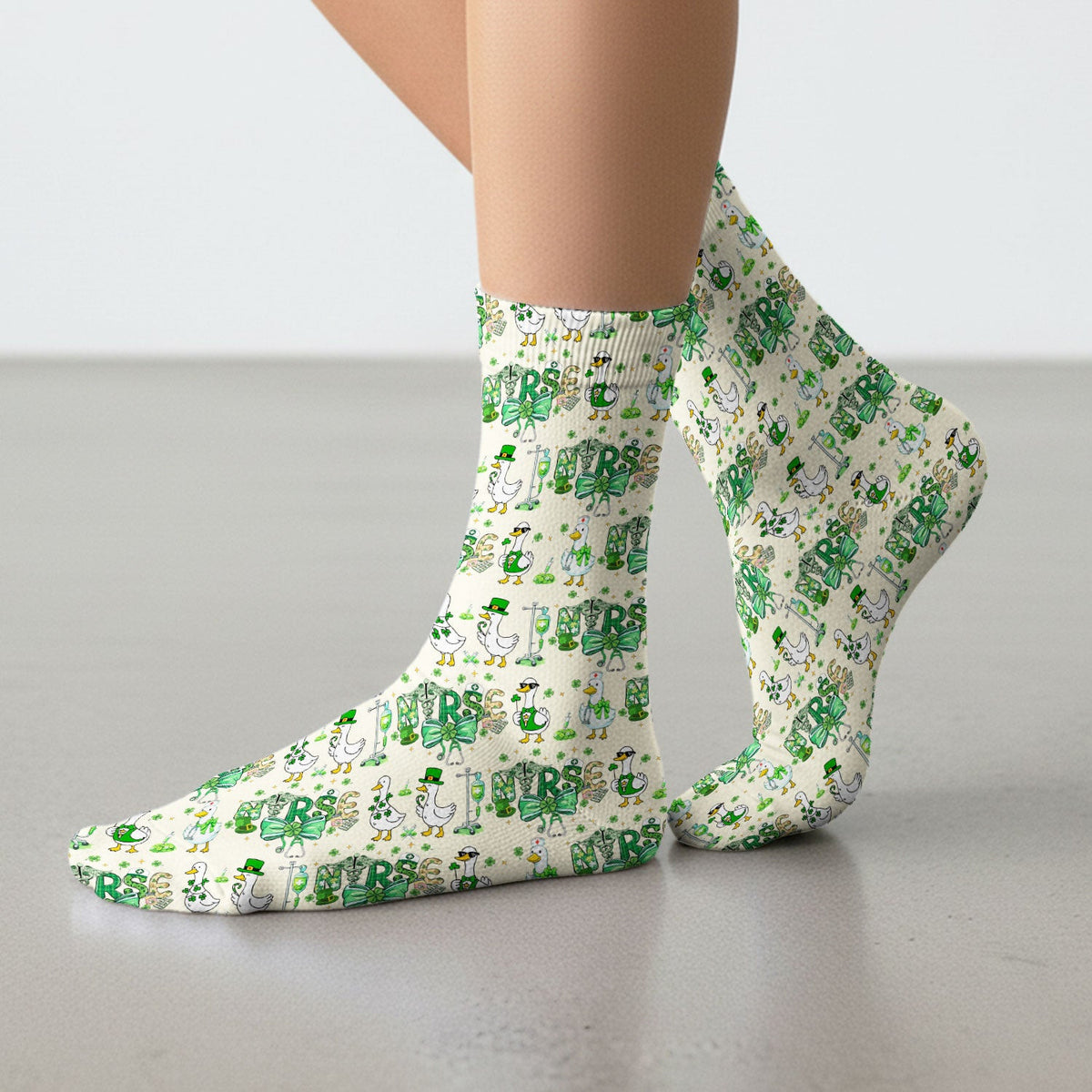 Funny Goose Nurse Shamrock Scrub Socks, St. Patrick’s Day Nurse Pattern Sock, Breathable Fabrics Nursing Uniform