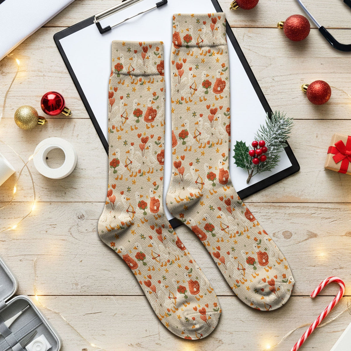 Cute Goose Nurse Scrub Socks, Valentine Farm Medical Pattern Sock, Breathable Fabrics Nursing Uniform