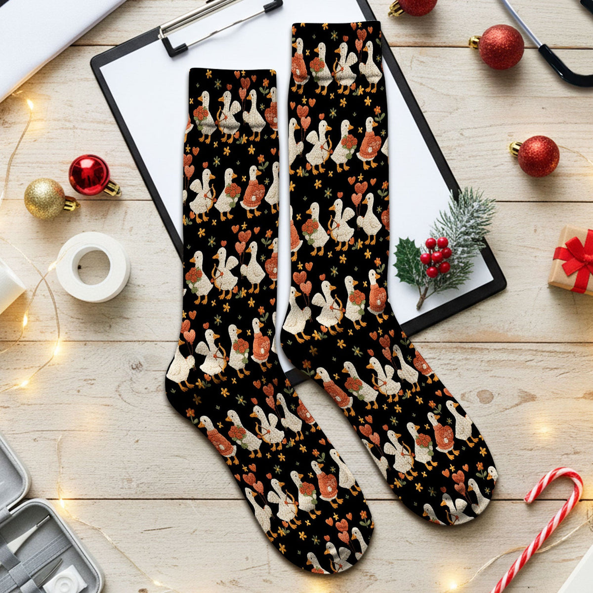 Cute Goose Nurse Scrub Socks, Valentine Farm Medical Pattern Sock, Breathable Fabrics Nursing Uniform