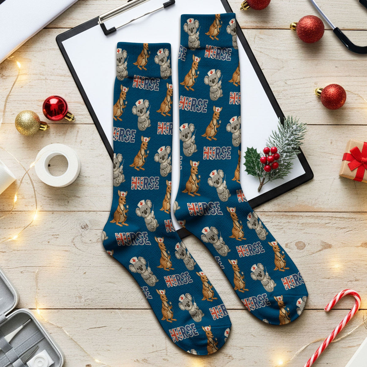 Cute Koala Kangaroo Scrub Socks, Australian Nurse Pattern Sock, Breathable Fabrics Nursing Uniform