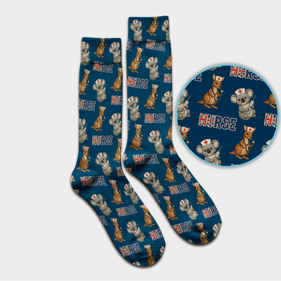 Cute Koala Kangaroo Scrub Socks, Australian Nurse Pattern Sock, Breathable Fabrics Nursing Uniform