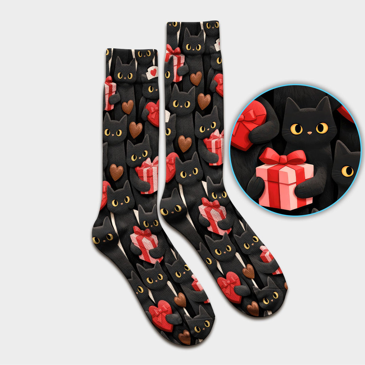 Black Cat Valentine Nurse Scrub Socks, Heart Pattern Medical Socks, Breathable Fabrics Nursing Uniform