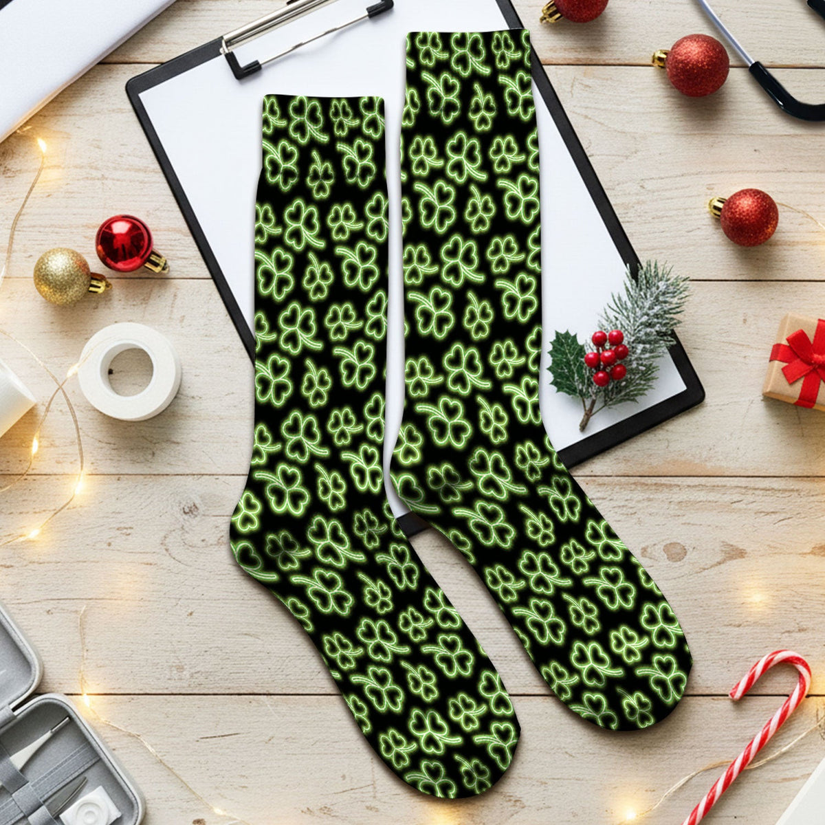 Neon Shamrock Nurse Scrub Socks, St. Patrick’s Day Glow Green Pattern Pattern Sock,  Breathable Fabrics Nursing Uniform