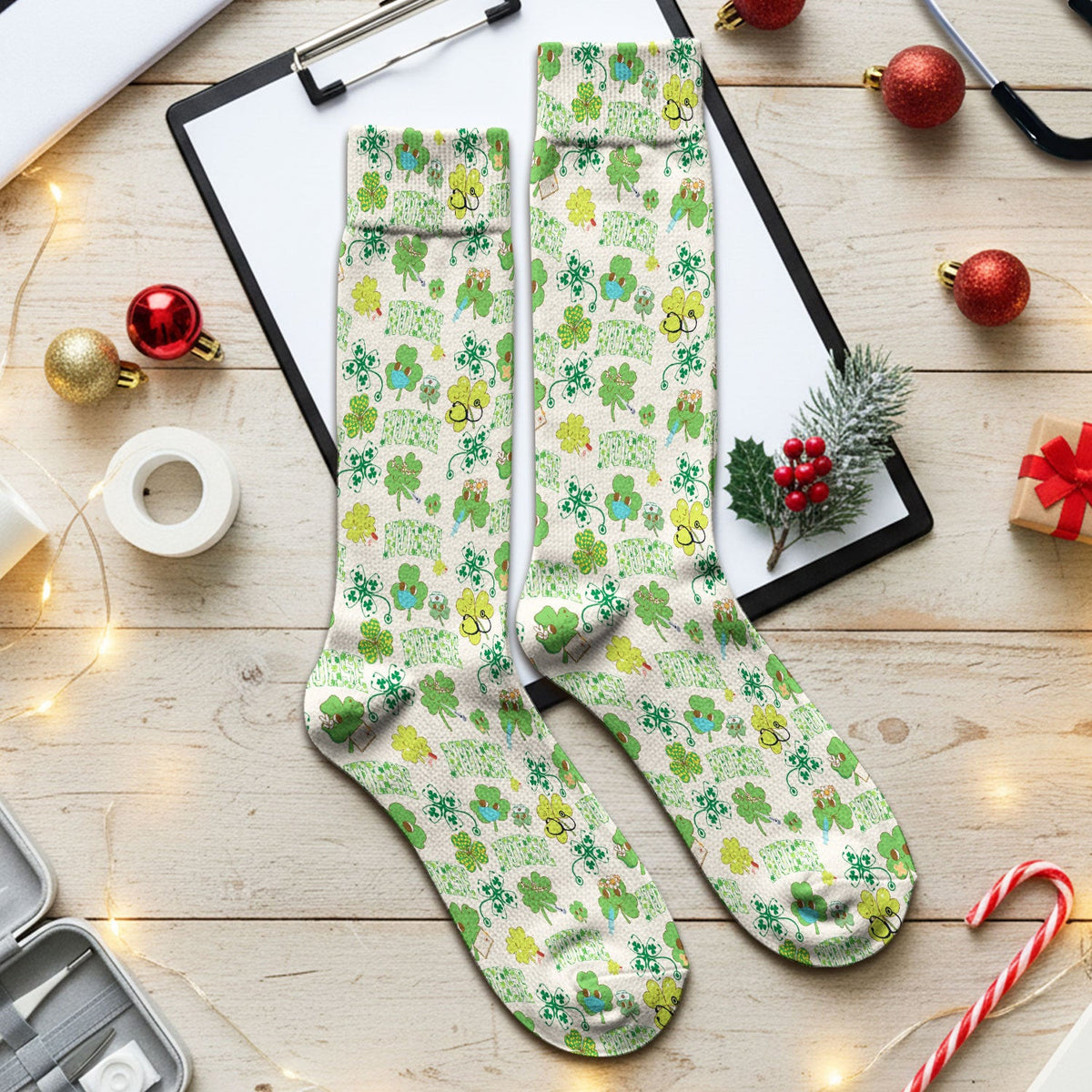 Lucky Shamrock Nurse Scrub Socks, St. Patrick’s Day Nursing Sock, Breathable Fabrics Nursing Uniform