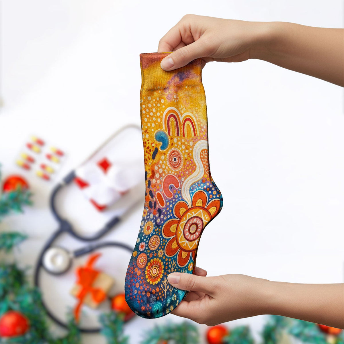 Australian Dot Art Inspired Scrub Socks, Artistic Boho Pattern Nurse Sock, Comfortable Scrubs For Nursing