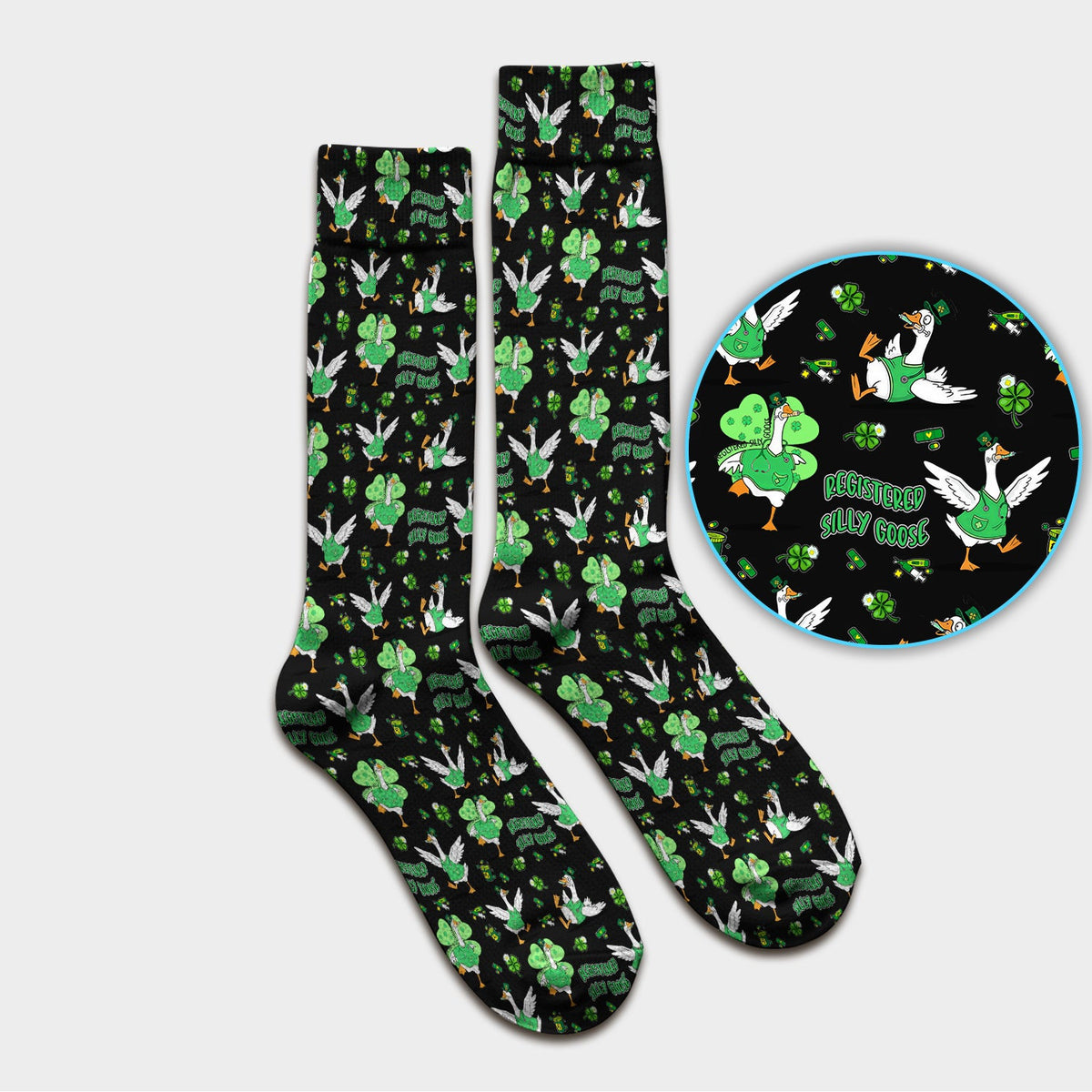 Silly Goose St. Patrick’s Day Scrub Socks, Funny Goose Shamrock Pattern Nurse Scrub Sock, Irish Green Nursing Uniform