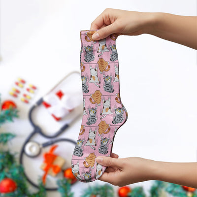 Cute Cat Pattern Nurse Scrub Socks, Cats Medical Pattern Sock, Breathable Fabrics Nursing Uniform