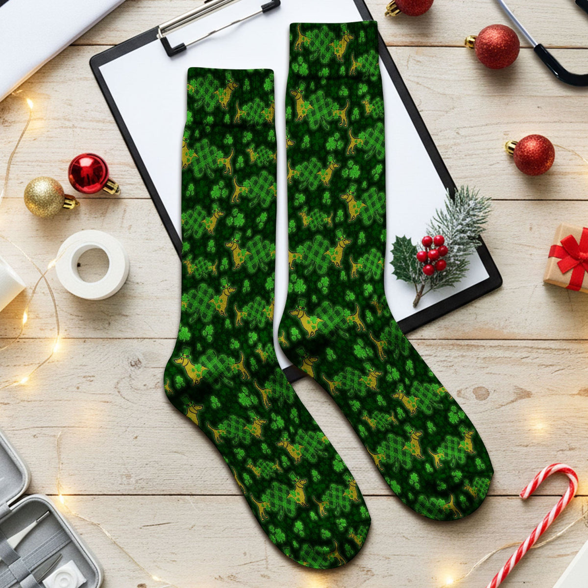 St. Patrick’s Day Dachshund Dog Pattern Scrub Socks, Lucky Shamrock Puppy Nurse Scrub Sock, Green Irish Nursing Uniform
