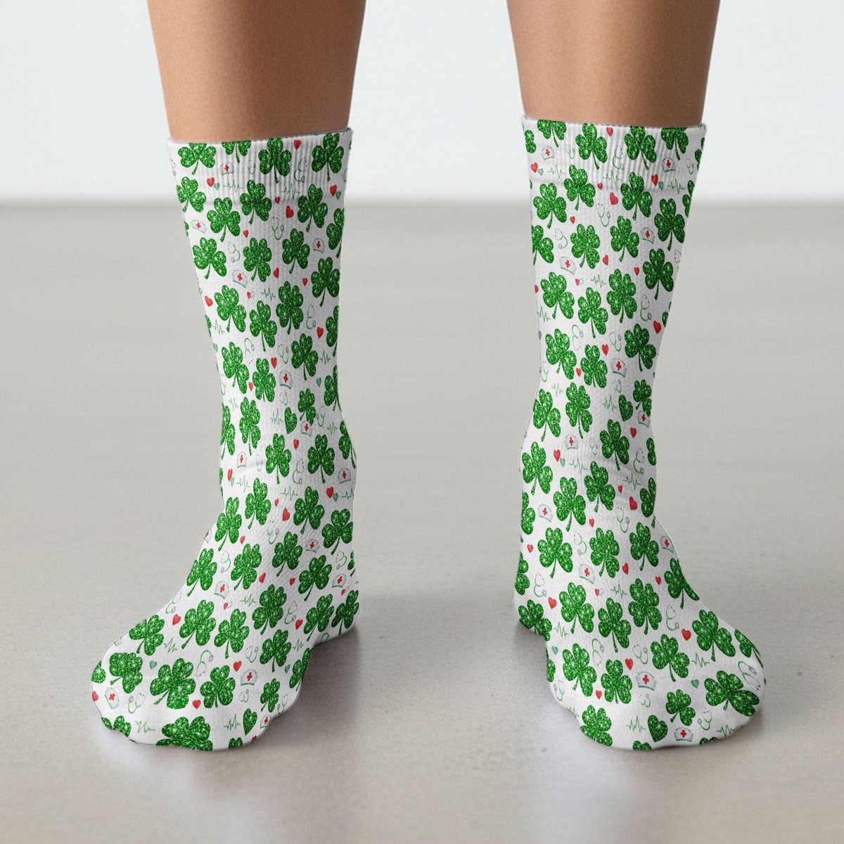 St. Patrick’s Day Nurse Scrub Socks, Green Clover Medical Pattern Sock, Breathable Fabrics Nursing Uniform