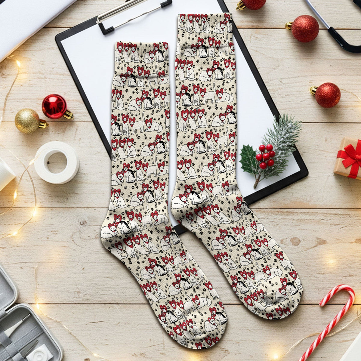 Cute Cat Heart Pattern Scrub Socks, Funny Cat Scrub Sock For Nurses, Breathable Fabrics Nursing Uniform